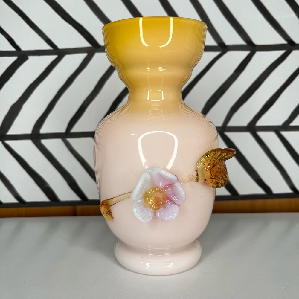 Victorian Stevens & Williams Cased Glass Overlay Vase w/ Applied Flower & Leaf